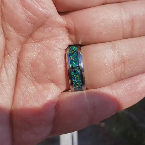 Dragon Scale Ring - Green Opal Crystal Inlay, Tungsten Titanium Ceramic, Men Women, Wedding Ring, His Hers Promise, Engagement Ring 8mm 6mm