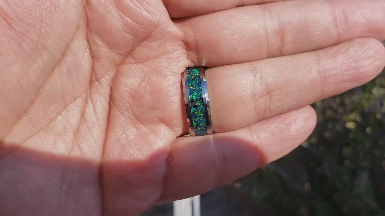 Dragon Scale Ring - Green Opal Crystal Inlay, Tungsten Titanium Ceramic, Men Women, Wedding Ring, His Hers Promise, Engagement Ring 8mm 6mm