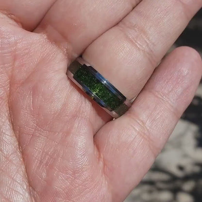 Spellfire Ring - Green Goldstone Crystal Inlay, Tungsten Titanium Ceramic, Men Women, Wedding, His Hers Promise, Engagement Ring 8mm 6mm