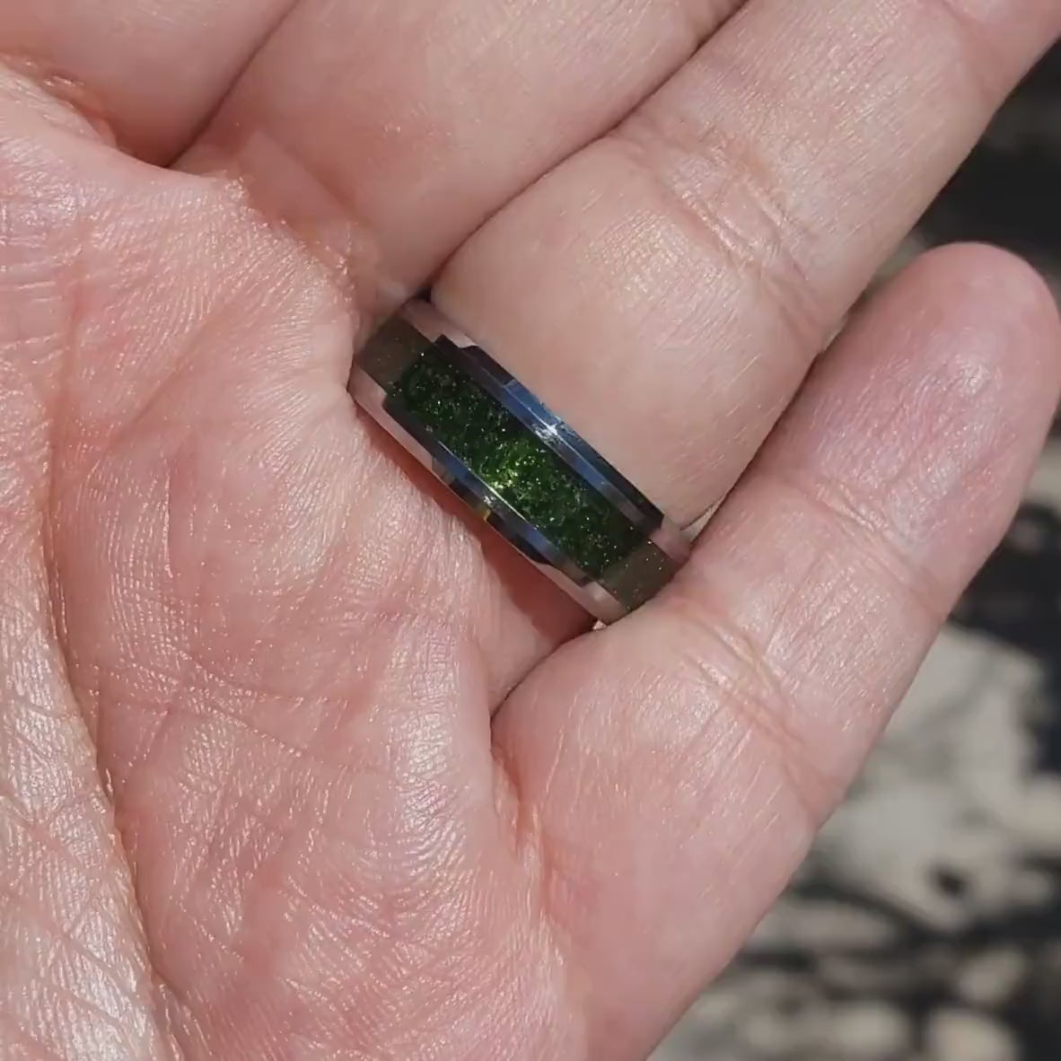 Spellfire Ring - Green Goldstone Crystal Inlay, Tungsten Titanium Ceramic, Men Women, Wedding, His Hers Promise, Engagement Ring 8mm 6mm