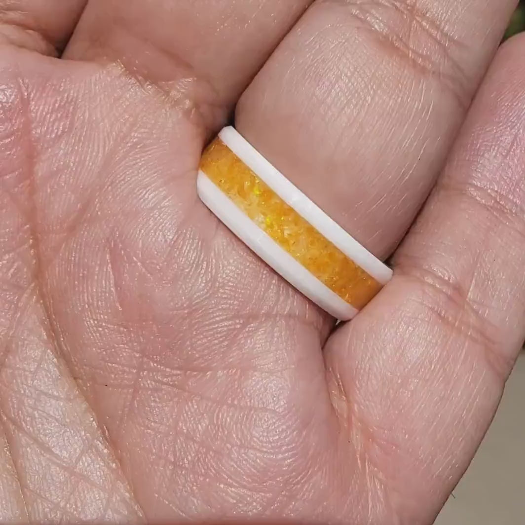 Sunfire Ring - Orange Opal Crystal Inlay, Tungsten Titanium Ceramic, Men Women, Wedding Ring, His Hers Promise, Engagement Ring 8mm 6mm