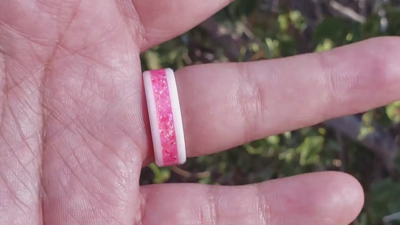 Dream Ring - Hot Pink Opal Crystal Inlay, Tungsten Titanium Ceramic, Men Women, Wedding Ring, His Hers Promise, Engagement Ring 8mm 6mm
