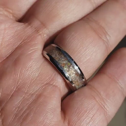 Helios Ring - Sunstone & Opal Crystal Inlay, Tungsten Titanium Ceramic, Men Women, Wedding Ring, His Hers Promise, Engagement Ring 8mm 6mm