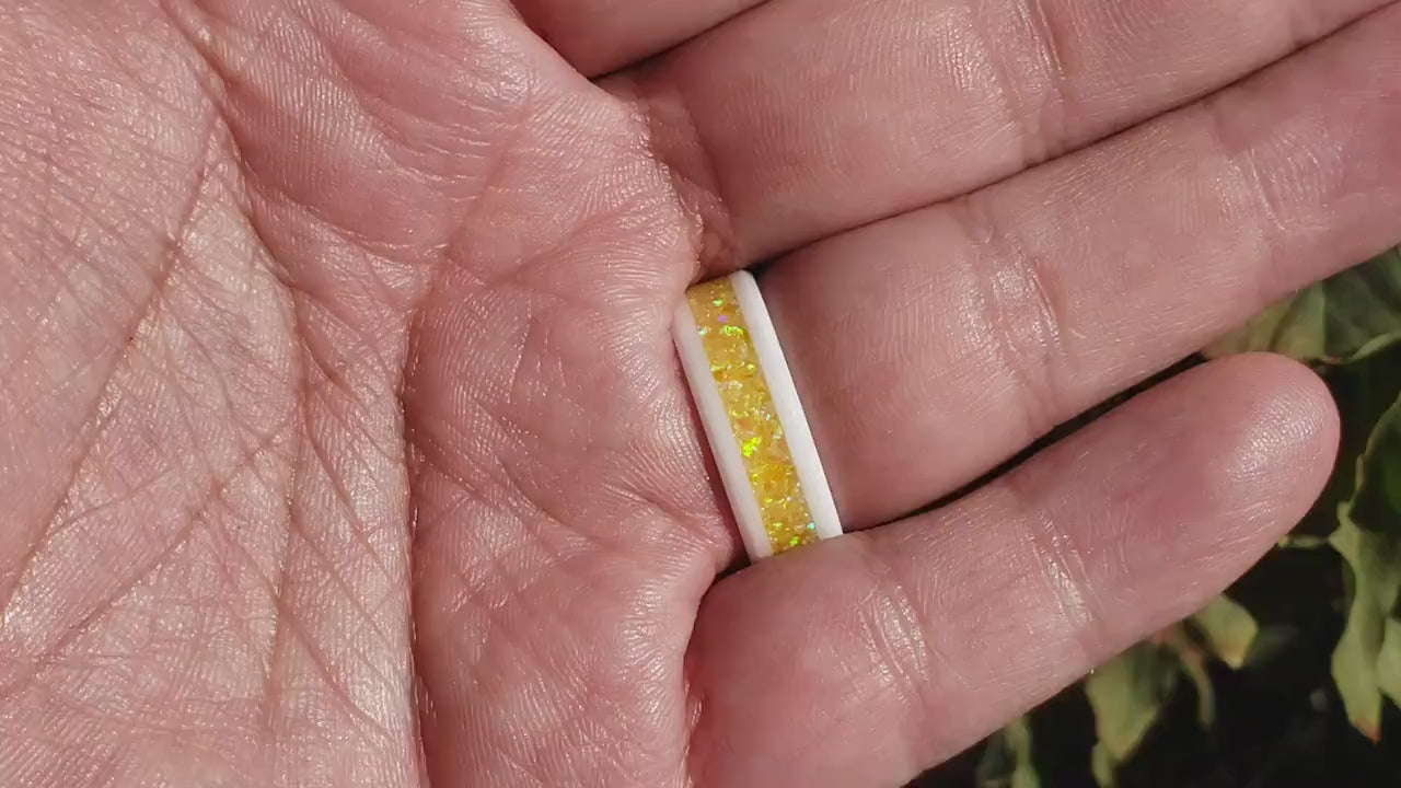 Marigold Ring - Yellow Opal Crystal Inlay, Tungsten Titanium Ceramic, Men Women, Wedding Ring, His Hers Promise, Engagement Ring 8mm 6mm